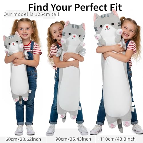 Image of Long Cat Plush Pillow, Cute Cat Stuffed Animal Body Pillow with Wings, Soft Kawaii Kitty Hugging Pillow, Christmas Valentine's Birthday Gift for Kids Girls Boys (Gray, 90cm /35.43in)
