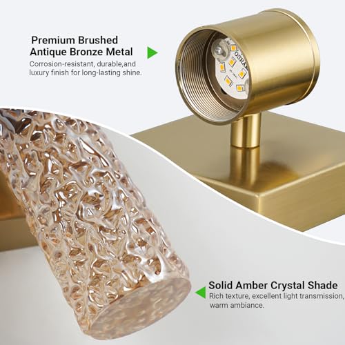 Image of 2 Pack Gold LED Wall Sconces, 10W 3000K Warm White Hardwired Wall Mounted Light Fixtures with Amber Crystal Glass, Modern Bathroom Vanity Lights for Mirror Living Room Bedroom Hallway