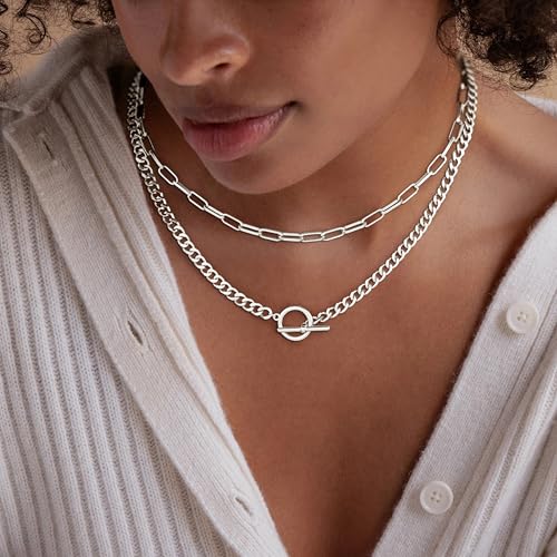 Chunky Gold Necklaces for Women Layered 14k Gold Silver Plated Heart Pearl Pendant Choker Necklace Trendy Dainty Stacked Paperclip Cuban Chain Simple Jewelry Valentine's Day Gifts Set3