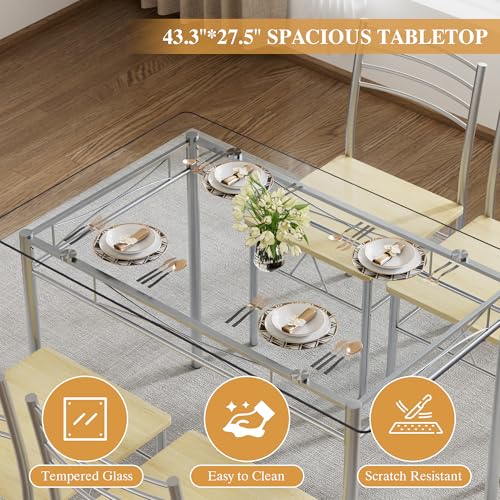 Image of VECELO Dining Table Set for 4, 5-Piece Glass Kitchen Table with Chairs for Small Space, Breakfast Nook, Space-Saving, Silver