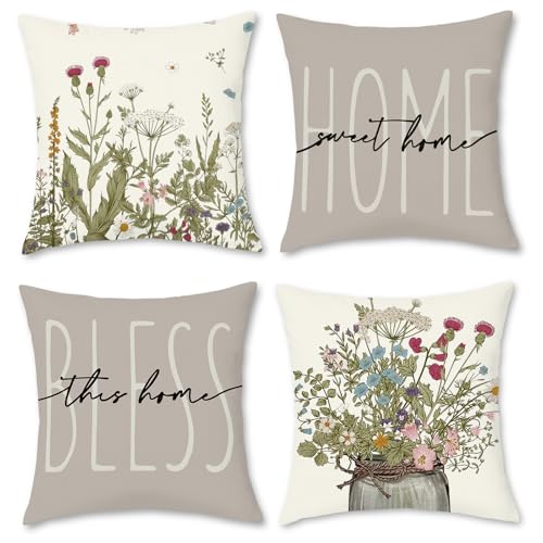 Hopomoon Copricuscini 40x40 Set di 4 decorativi cuscini per divano floreali e botanici Cuscini primavera-estate per divano camera da letto Cuscino da esterno Grigio