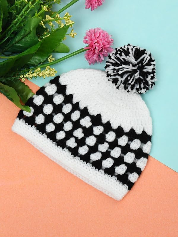 Image of Handmade Knitted Self Design Woolen Beanie Cap for Kids - White & Red 6-12 M | Winter Cap for Baby | FUNCAP56-6-12 M