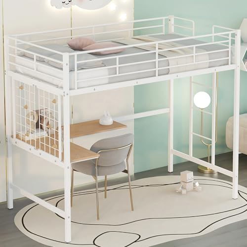 Metal Twin Size Loft Bed with Desk and Metal Grid,Heavy Duty Loft Bed Frame with Safety Guardrail for Kids Boys Girls,Space Saving,Twin,White