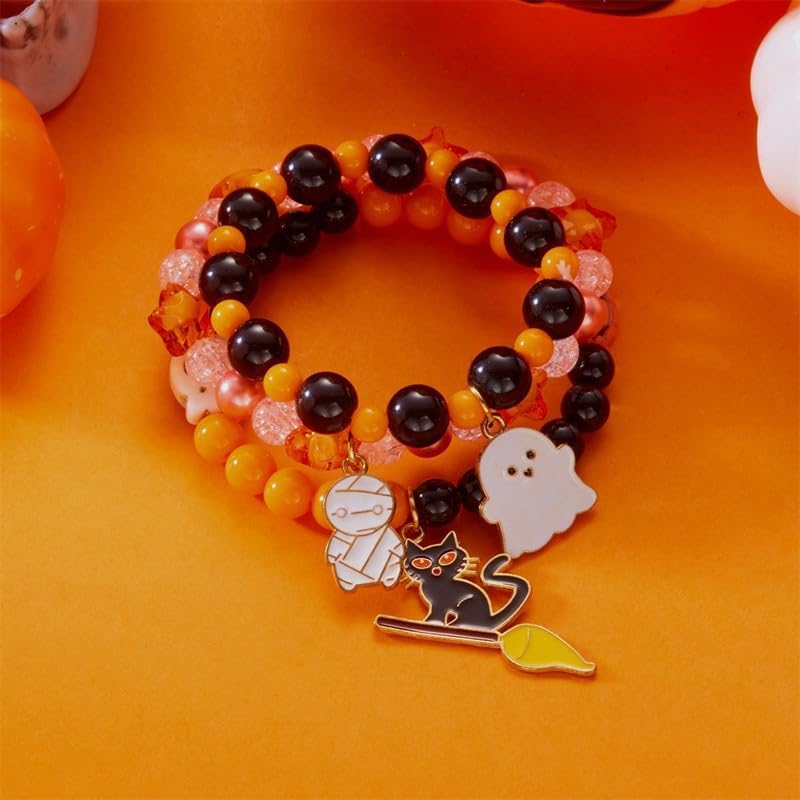 Beaded Boho Halloween Stretch Bracelets for Women Colorful Cute Steleton Ghost Pumpkin Skull Stackable Stretchy Bracelet Thanksgiving Outfits Accessories - Image 3