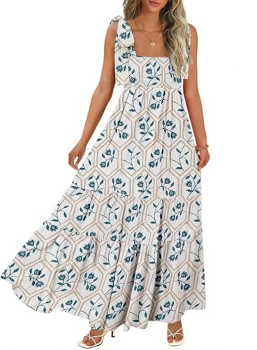 Image of CURBODO Women's Summer Maxi Dress Boho Spaghetti Straps Casual Long A-line Smocked Beach Dress Square Neck Flowy Sun Dress