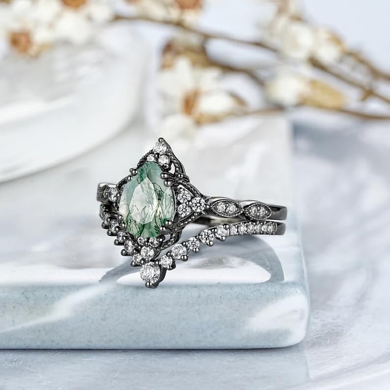 Black Gold Plated Natural Moss Agate Bridal Ring Set 925 Sterling Silver Genuine Green Pear Cut Moss Agate with Moissanite Ring Set Engagement Band Gift for Women Her4