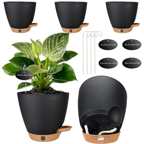 6 Inch Self Watering Pots for Indoor Plants(5-Pack) Small Plastic Planters with Water Level Window Drainage Holes & Detachable Trays Indoor Outdoor Flower Pots for Herbs Snake Pothos(Black)