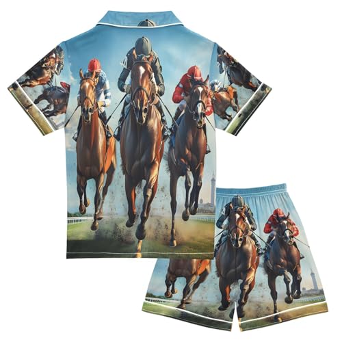 ALAZA Horse Racing Stylish Satin Pajamas Set Short Sleeve Button Down Sleepwear Summer Pjs 2 Piece2