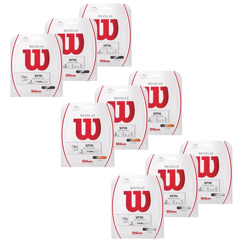Wilson Revolve String 17 Gauge Orange Polyester Tennis Racquet String in 8-Pack (8 Sets Per Order) - Spin Enhancing Snap-Back Properties