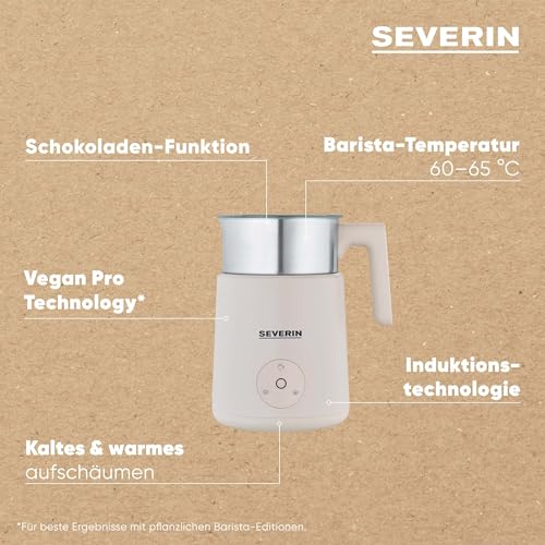 Severin Design Induktions-Milchaufschäumer, elektrischer Milchschäumer mit Edelstahlbehälter, kaltes und warmes Aufschäumen, Schokoladen-Funktion, geeignet für vegane Milch, Aesthetic, beige, SM 3589