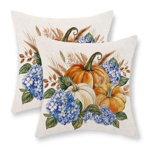 DAFENA Fall Throw Pillow Covers 18x18 Set of 2 Orange Pumpkin Hydrangea Floral Pillows Covers Autumn Thanksgiving Decoration Pillowcase Outdoor Decor Pillowcase Linen Cushion Cover for Couch