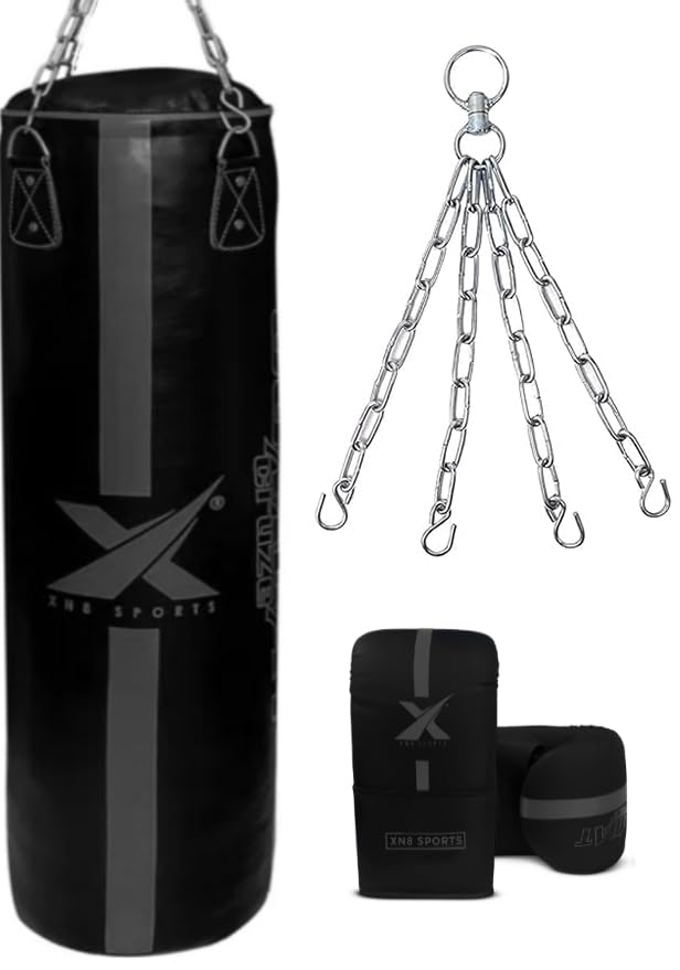 Xn8 Sports Unfilled Punching Bag for Boxing – 4ft & 5ft Heavy Duty Punch Bag with Boxing Mitts & Hanging Chain | Ideal for Kickboxing, Muay Thai, MMA, Grappling & Martial Arts Training