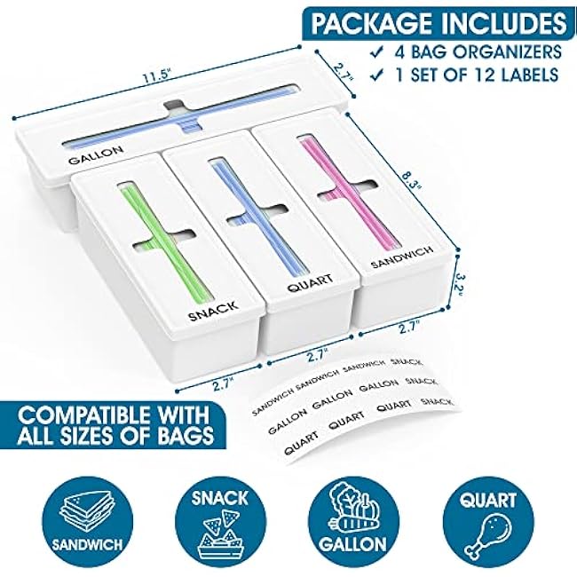 Storage Bag Organizer for Kitchen Drawer, Plastic Bag Organizer for Drawer, Baggie Holder - Compatible with Gallon, Quart, Sandwich, Snack Bags, 4 Separate Pieces, White