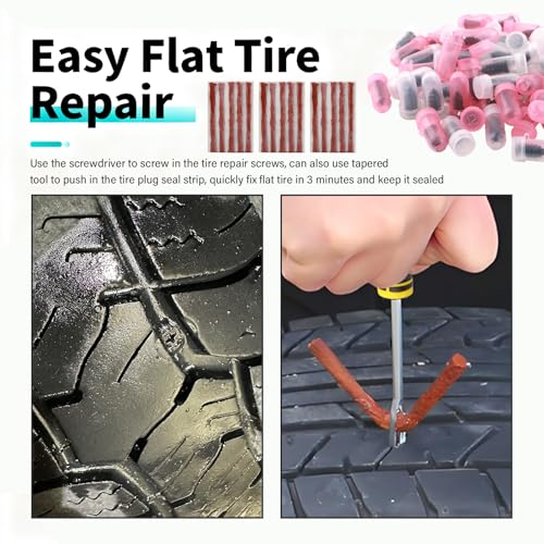 Image of Flat Tire Repair Kit Heavy Duty,All-in-One Tire Plug Kit Includes 60PCS Screw,15PCS Tires Plugs Seal Strip,Screwdriver,Drill,Screw in Tires Plugs Car Emergency Kits for Puncture