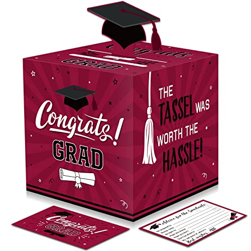 Image of Funrous Large 2026 Maroon and Black Graduation Card Box with 30 Pcs Advice Card Gift Money Box Congrats Grad 3D Cap Top Holder Class of 2026 Party Decorations College Graduation Supplies