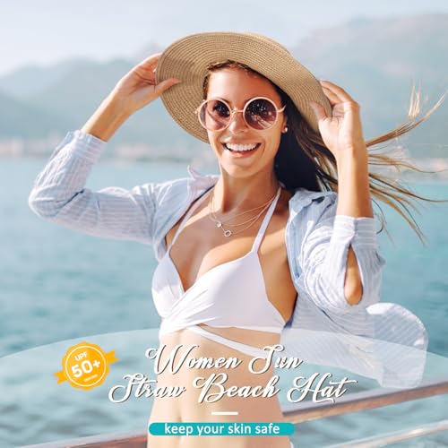 Image of Beach Hats for Women, Sun Straw Hat for Women, UPF 50+ UV Sun Protection Sun Hat Womens, Foldable Floppy Sun Hat