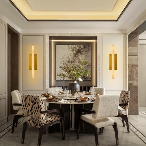 Image of 25in Alabaster Wall Sconces Set of Two Brass Alabaster Sconce Spanish Marble Bathroom Vanity Sconces Long Modern Wall Light for Living Room Bedroom Staircases Indoor