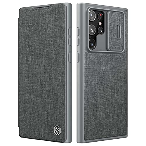 Nillkin Samsung Galaxy S22 Ultra Case with Camera Cover and Card Holder, PU Leather Case Flip Cover with Slide Camera Protection for Galaxy S22 Ultra 5G 6.8'' 2022, Gray