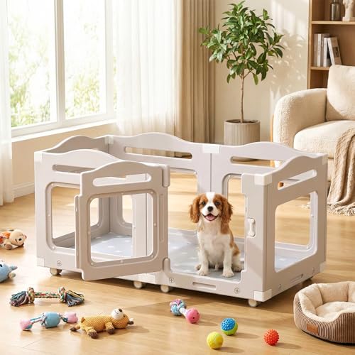 MAMIZO Recinto per Cani Acrilico 126 × 68 cm, Box per Cuccioli con Ruote e Base, Box per il Parto Cani con Cuscinetto Impermeabile, 5+1 PCS Pannelli Parco per Cani adatto Appartamento, Grigio Caldo