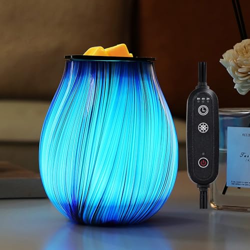 Image of Inrorans Glass Electric Wax Melt Warmer Oil Burner with Stable Heating PTC Reusable Silicone Tray 7 Colorful Changing Led Light Night Light Scent Warmer for Home Fragrance Warmers-Blue Silk Timer