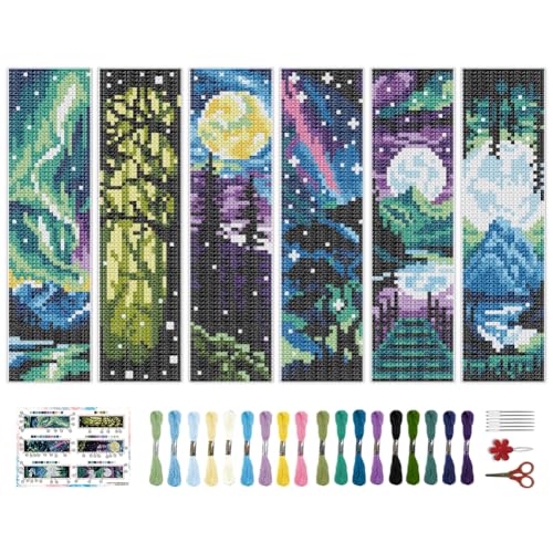 Image of BEUNITONE 6 Pcs Landscape Bookmarks Cross Stitch Kits for Adults Beginner Scenery Cross Stitch Bookmark Kit Aurora Needlepoint Bookmark Kit Stamped DIY Embroidery Kit with Instructions 2.4x8 in