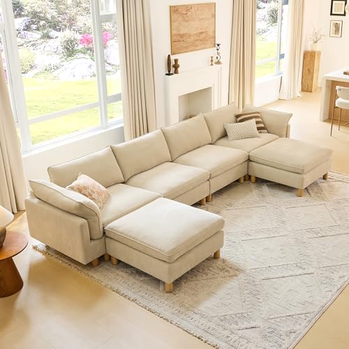 Image of CHITA 161 inch Super Large Sectional Couches for Living Room, Modular Cloud Couch Sectional Sofa, Premium Fabric Couches, Down Filled, High Density Foam, Chenille in Beige, 6 Seat U Shaped