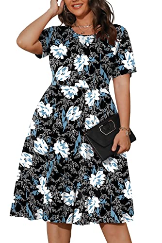 POSESHE Damen-Kleider für Frühling und Sommer in Übergröße, kurzärmelig, Knielang, lässig, dehnbar, T-Shirt-Kleider, White Lily, 4XL