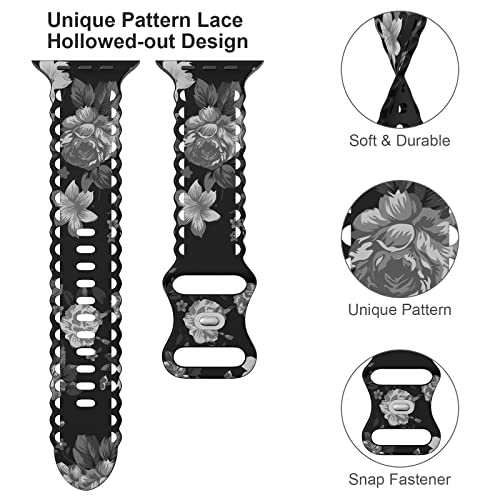 Image of Compatible with Apple Watch Band 41mm 40mm 38mm 49mm 45mm 44mm 42mm Women Girl, Rose Lily Print Lace Hollow-out Soft Silicone Sport Bands For iWatch Ultra SE Series 10 9 8 7 6 5 4 3 2, RosLiG-42