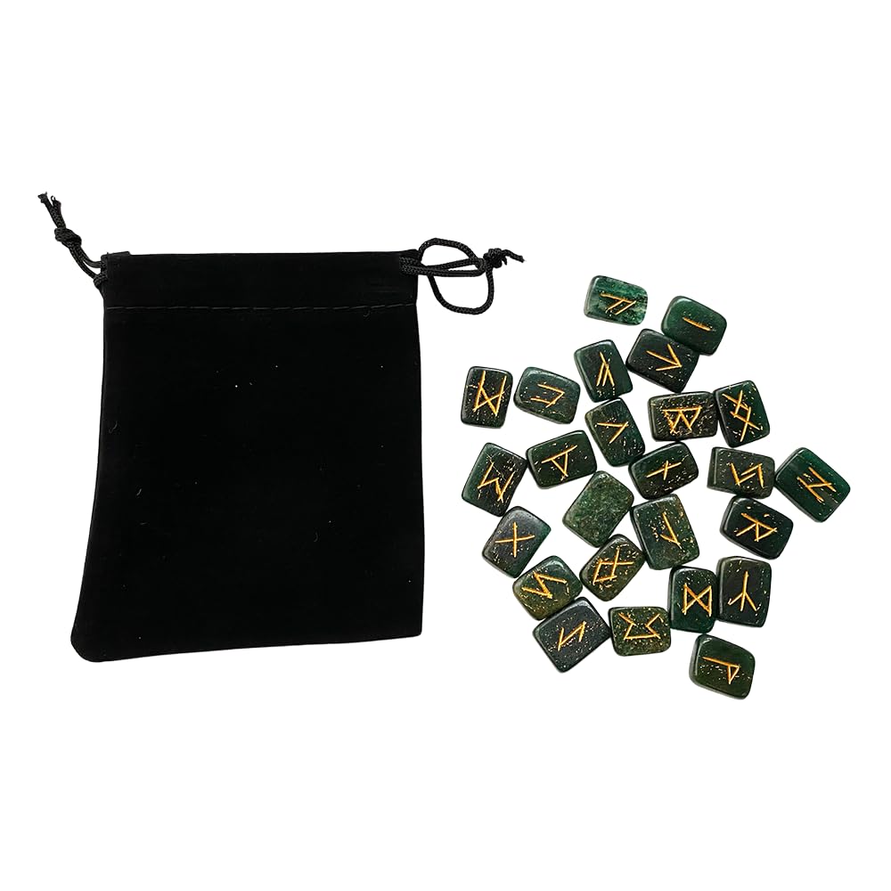 VIE Rune Set with Pouch, Rectangular, Moss Agate