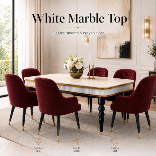 Image of 6-Seater Dining Table Set with Nano Composite Marble Top | Golden PVC Wooden Base | Includes 6 Fabric Upholstered Chairs | 2 Year Warranty | Dining Room Furniture Set for Home (Maroon)