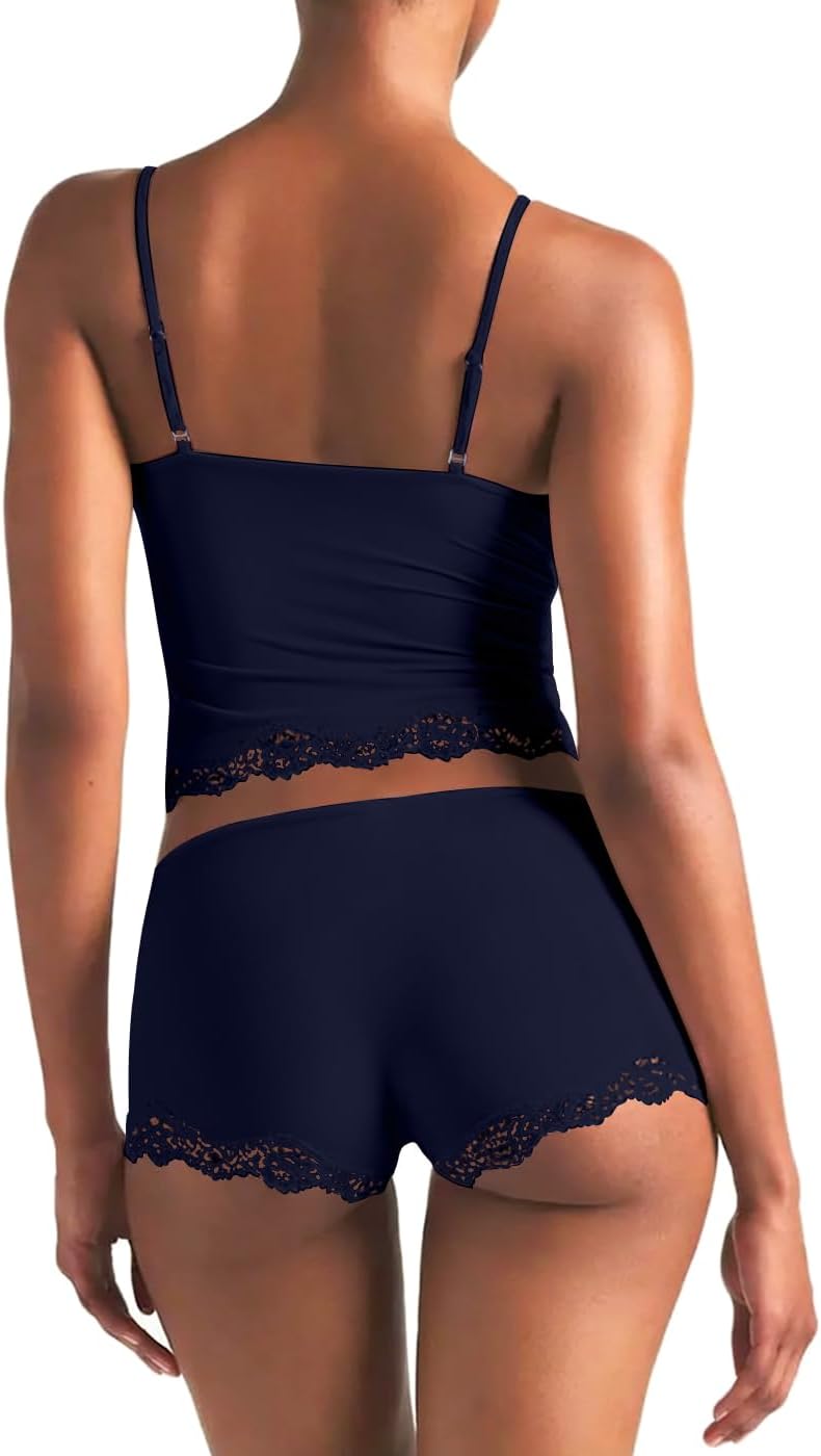 LEEDYA Womens Cami Pajama Set Sexy 2 Piece Sleeveless Pjs Summer V Neck Tank Top Y2K Lace Trim Sleepwear Lounge Set