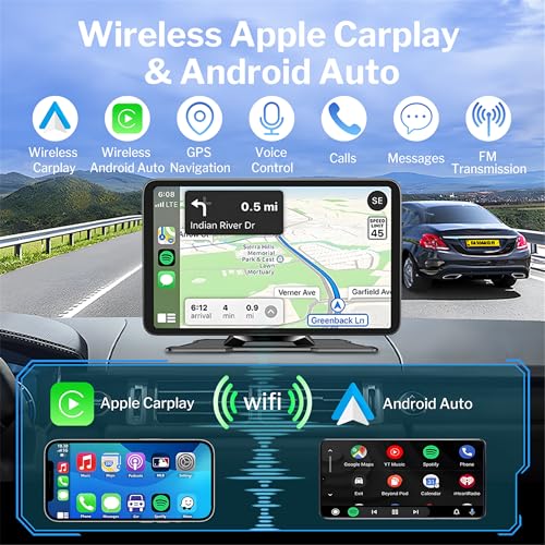 Carplay Voiture Apple & Android sans Fil A-pple Carplay & Android Auto avec Caméra de Recul Siri Contrôle Vocal GPS, Écr
