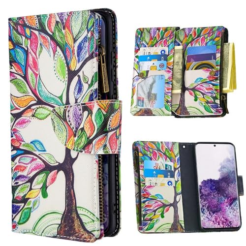XYX Zipper Wallet Case for Samsung S20 FE, Colorful PU Leather Flip Wallet Zipper Purse Case with 9 Card Slots and Wrist Strap for Samsung S20 FE 5G 6.5 Inch, life Tree