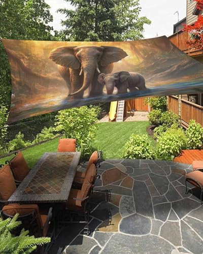 Waterproof Sun Shade Sail Animal Elephant Forest River Outdoor Patio Sun Shades Canopy UV Block Water Resistant Sunshade for Garden Backyard Deck Pergola 14x18 Ft