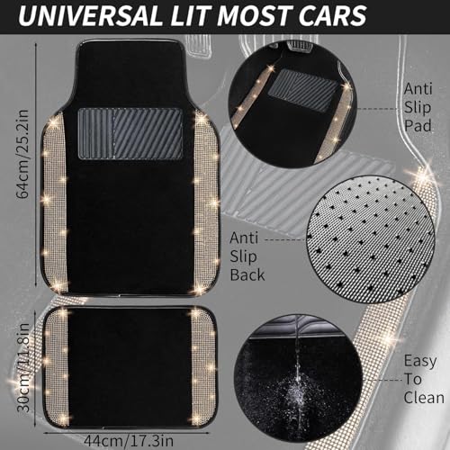 NBTEPEM 12 Pcs Bling Car Accessories Set for Women Car Floor Mats Full Set Steering Wheel Cover Seat Belt Covers Coasters Universal Fit Car SUV Truck Van Gold - Image 4