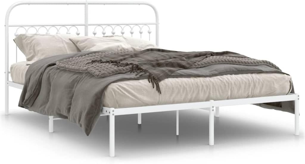 White Steel King Bed Frame with Rectangular Headboard, Durable Heavy-Duty Metal Platform Foundation for Bedroom, Sturdy Slatted Mattress Support, Easy Assembly, Modern Minimalist Design