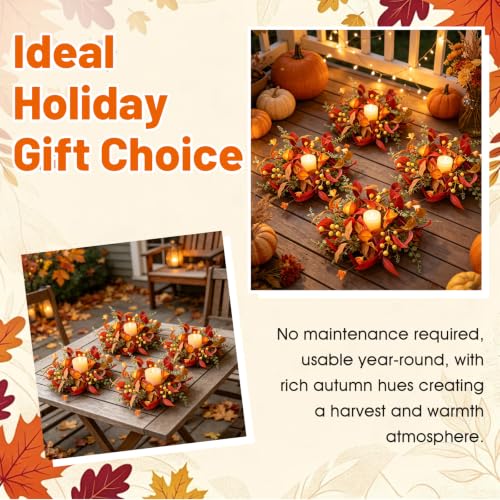 Image of 6 PCS Fall Candle Ring Wreaths Artificial Autumn Candle Holder Wreath | Thanksgiving Candle Ring with Berries Eucalyptus Forsythia for Farmhouse Harvest Pillar Candles Table Centerpiece Decor