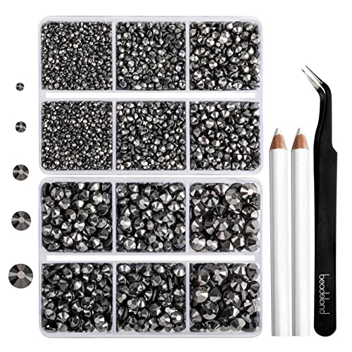 Image of 6736pcs Hotfix Rhinestones Flatback,Hematite Rhinestones for Crafts Clothes Mixed 5 Sizes, Hotfix Crystals with Tweezers and Wax Pencil Kit, SS6-SS30,Hematite