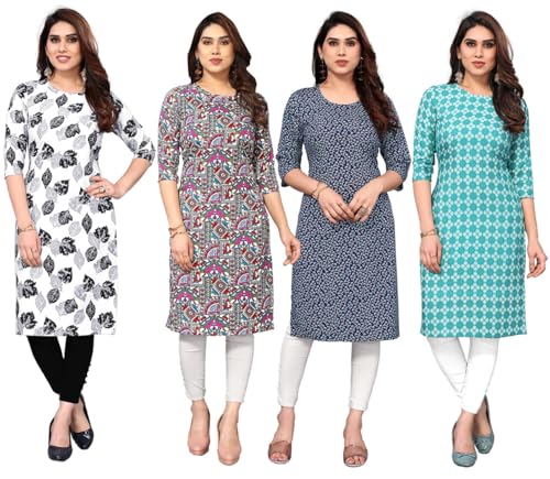 Image of JAKHANA Women's Crepe Printed Casual Straight Calf Length Round Nick Kurta Pack of 4