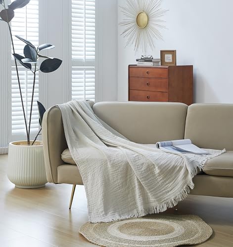 AORISSI 100% Cotton Muslin Throw Blanket for Bed Couch Small Decorative Soft Pre-Washed Breathable and Lightweight Gauze Blanket with Fringes(Linen Grey 50x60)