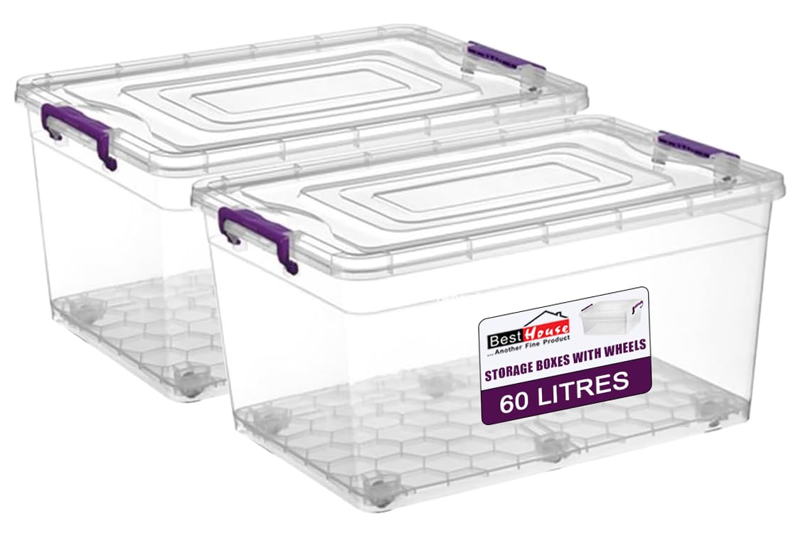 BH | 60L - 2 PCS Clear Large Plastic Storage Box with Lids on Wheels | Containers Multi Purpose use for Home, office, Kitchen, Toys, Clip Locked (60 Litres) - By BEST HOUSE — image 1
