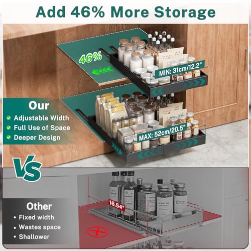 Expandable Pull Out Cabinet Organizer, Slide Out Drawers for Kitchen Cupboards, Adjustable Width Pull Out Kitchen Storage, Sliding Shelf for Cupboard & Pantry (1 Pack, Black) - Image 5