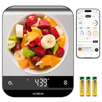 Ultrean Smart Food Kitchen Scale with Nutritional Calculator, App for Macro & Calorie Tracking, AI Scan, Digital Grams and Ounces, Rechargeable, Stainless Steel, 33lb / 15kg