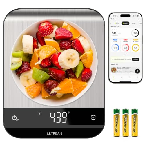 Image of Ultrean Smart Food Kitchen Scale with Nutritional Calculator, App for Macro & Calorie Tracking, AI Scan, Digital Grams and Ounces for Weight Loss, Rechargeable, Stainless Steel, 33lb /15kg