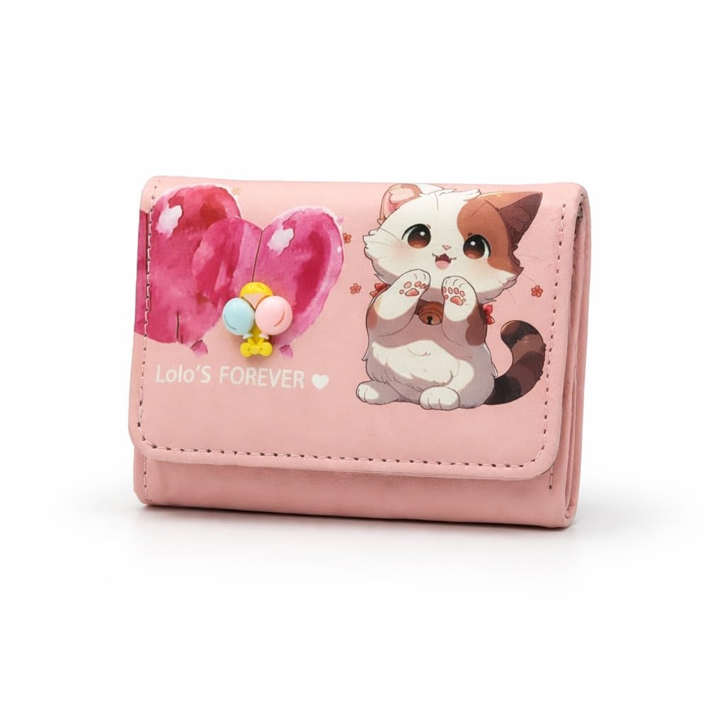 Cute Cartoon Cat Printed Women’s Foldable Wallet with Snap Button Closure, Multi-Card Holder & Coin Pocket, Compact Mini Purse for Girls, Stylish Lightweight Cash Organizer with Heart Design (Pink)-image-25