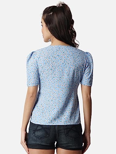 Image of POPWINGS Casual Printed Puff Sleeves Round Neck Top for Women || Stylish Summer Tops for Women || Hip-Length Women Top