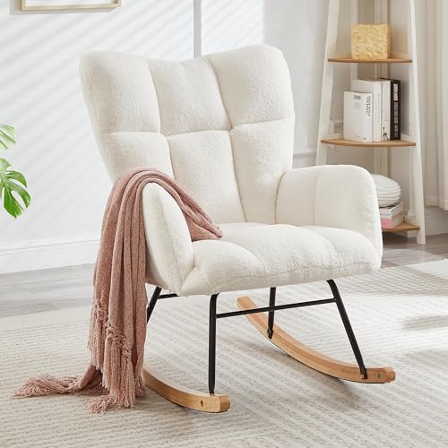 staronce Mecedora – Sillón de relax moderno con estructura de madera y marco de metal, color blanco, 69 × 89 × 101 cm, mecedora para salón, dormitorio, oficina y balcón – Diseño escandinavo