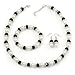 Produktbild Schmuckset mit Halskette, Armband und Ohrringen,  Weiße-Perlen-Stil und schwarze Glasperlen (silberfarbenes Metall)