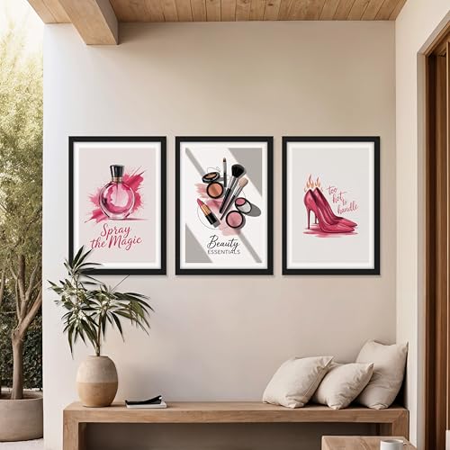 Image of NoWorries inchPink Fashion Wall Art Framed Painting Set of 3 | Perfume Bottle, Makeup Essentials & High Heel Illustration Posters with Frame | Glam Beauty Decor Frames for Bedroom, Vanity, Salon, Girls Room | Modern Chic Framed Wall Art (Art-18, 13x19inch, Wooden)