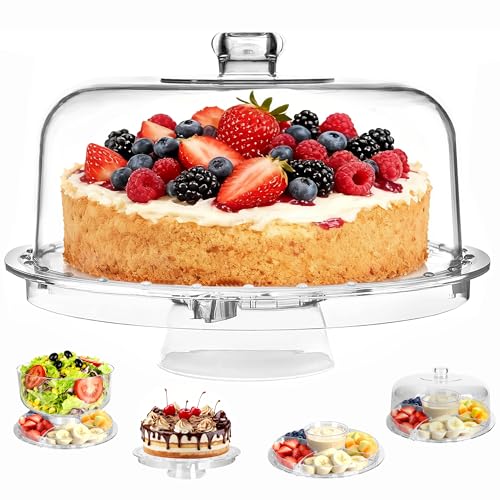 VALESKA Cake Stand with Lid, 6-in-1 Multifuntional Serving Platter with Dome Cover, Cake Display Stand with Lid/Dessert Platter/Punch Bowl/Veggie Platter - BPA Free